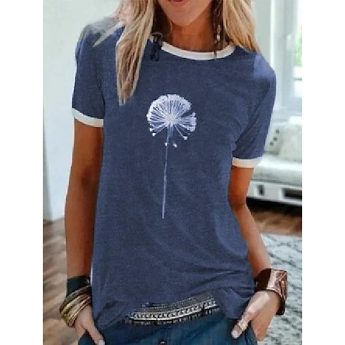 

Vintage Short Sleeve Statement Dandelion Printed Crew Neck Plus Size Casual Tops