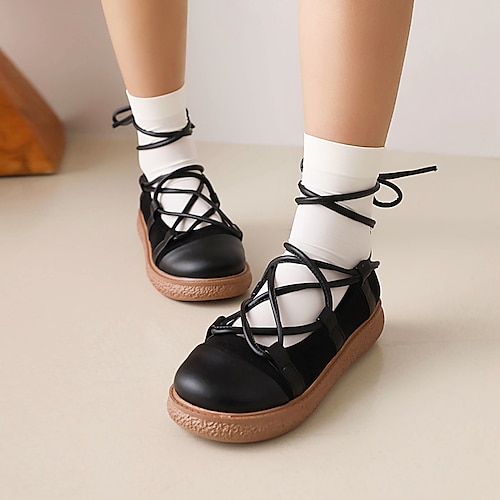 

Girls' Flats Princess Shoes School Shoes PU School Shoes Big Kids(7years ) School Daily Lace-up Black Beige Spring Summer