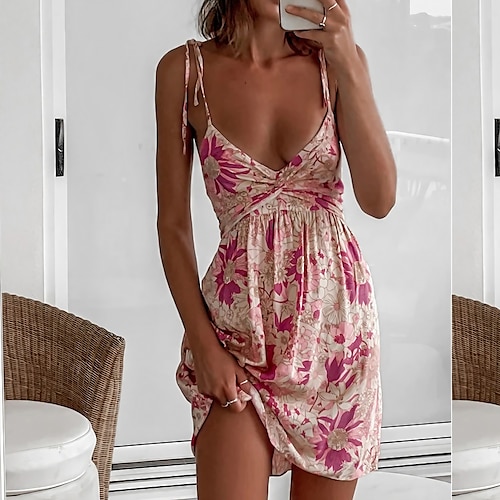 

Women's Casual Dress Mini Dress Pink Sleeveless Floral Backless Spring Summer Spaghetti Strap Modern 2022 S M L XL