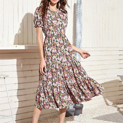 

Women's Casual Dress Swing Dress Midi Dress Pink Short Sleeve Floral Print Spring Summer Crew Neck Modern Loose Fit 2022 S M L XL XXL 3XL