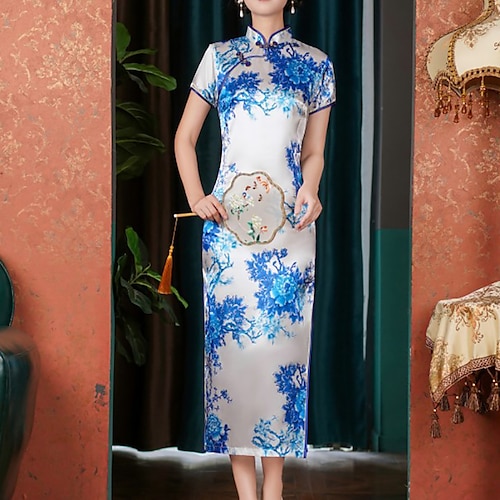 

Women's Cheongsam Dress Long Dress Maxi Dress Black Blue Pink Short Sleeve Floral Embroidered Spring Summer Mandarin Collar Chinoiserie Weekend 2022 S M L XL XXL 3XL 4XL 5XL 6XL