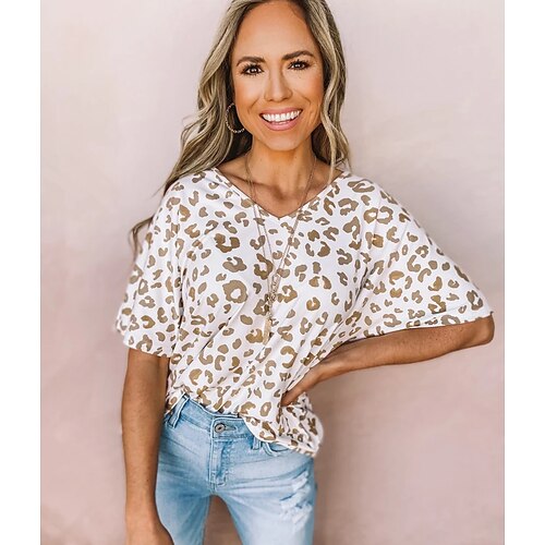 

Women's T shirt Tee Pink Khaki White Leopard Print Short Sleeve Casual Weekend Basic V Neck Regular Painting S / 3D Print