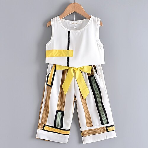 

2 Pieces Kids Girls' Tank & Shorts PantsSet Clothing Set Outfit Plaid Stripe Sleeveless Ruched Linen Set Outdoor Cute Sweet Spring Summer 3-8 Years White