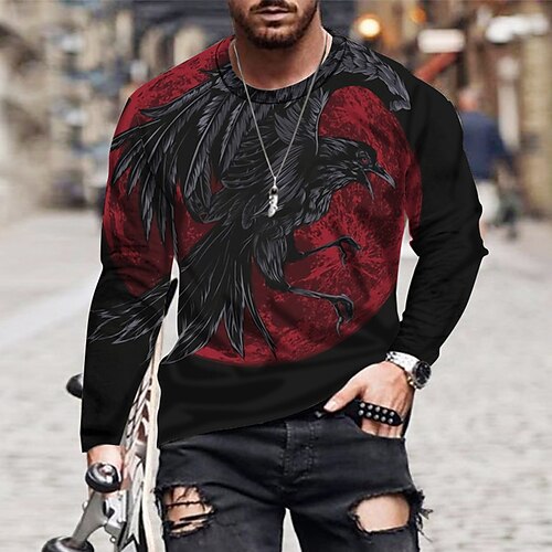 

Men's T shirt Tee Animal Eagle Crew Neck Red 3D Print Outdoor Street Long Sleeve Print Clothing Apparel Sports Fashion Sportswear Casual / Summer / Spring / Summer