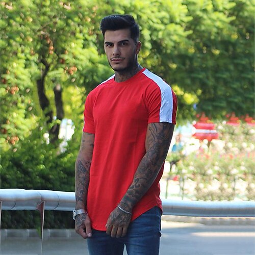 

Men's T shirt Color Block Crew Neck Street Casual Patchwork Short Sleeve Tops Basic Fashion Classic Comfortable Black Red