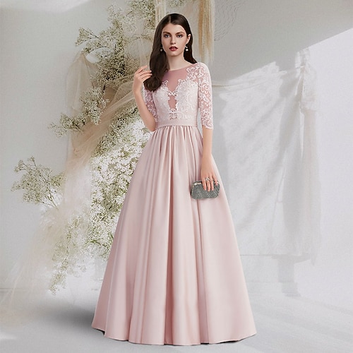 

Ball Gown Princess Cute Engagement Prom Dress Jewel Neck Half Sleeve Floor Length Satin with Pleats Lace Insert 2022