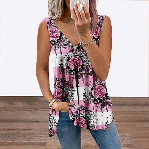 

Women's Tank Top Vest Blue Pink Yellow Floral Flowing tunic Quarter Zip Sleeveless Daily Weekend Streetwear Casual V Neck Regular Floral S / 3D Print / Print