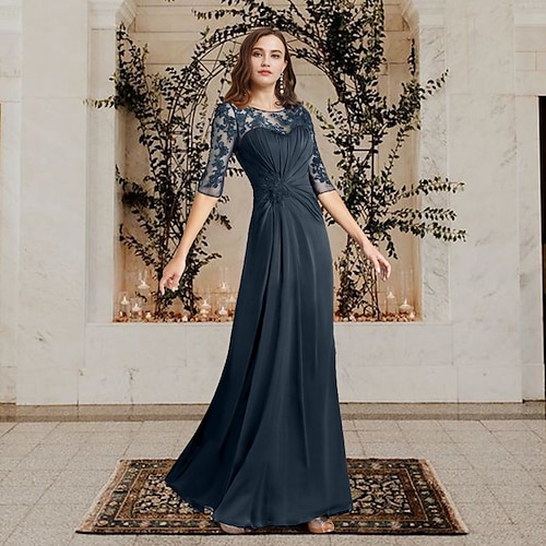 

Sheath / Column Mother of the Bride Dress Elegant Jewel Neck Floor Length Chiffon Lace Half Sleeve with Appliques Side-Draped 2022