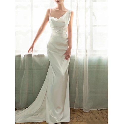 

Mermaid / Trumpet Wedding Dresses Spaghetti Strap Off Shoulder Sweep / Brush Train Charmeuse Sleeveless Simple Sexy with Solid Color 2022