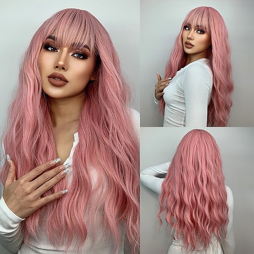 

HAIRCUBE Long Pink Wig with Bangs Natural Wave Heat Resistant Culy Hair Synthetic Wigs for Women Lolita Cosplay