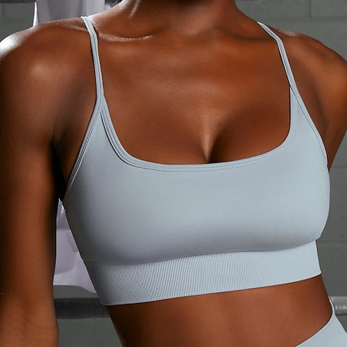 

Women's Spaghetti Strap Sports Bra Light Support Summer Open Back Removable Pad Solid Color Black Khaki Nylon Yoga Fitness Gym Workout Bra Top Sport Activewear Breathable Quick Dry Comfortable