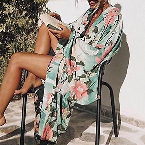 

Women's Swimwear Cover Up Beach Top Normal Swimsuit Printing Floral Green Plunge Bathing Suits New Vacation Fashion / Modern