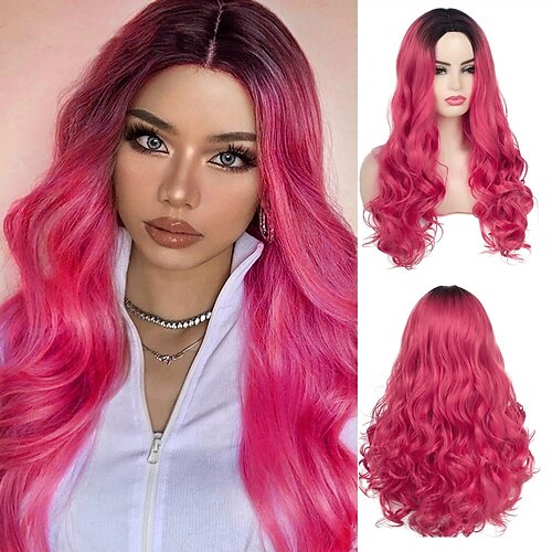 

Gradient Pink Wig Long Curly Wavy Synthetic Black Root Wig for Women's Middle Costume Cosplay Wig