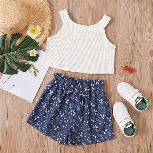 

2 Pieces Kids Girls' Tank & Shorts Clothing Set Outfit Graphic Jacquard Sleeveless Patchwork Cotton Set Outdoor Comfort Sweet Spring Summer 4-12 Years White