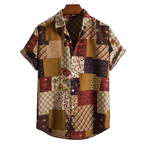 

Men's Shirt Graphic Shirt Color Block Turndown Yellow Outdoor Street Short Sleeve Button-Down Print Clothing Apparel Cotton Fashion Designer Casual Breathable / Summer / Spring / Summer