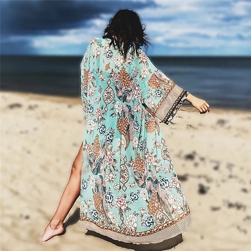 

Women's Swimwear Cover Up Beach Top Normal Swimsuit Modest Swimwear Printing Flower Blue Bathing Suits New Vacation Fashion / Modern