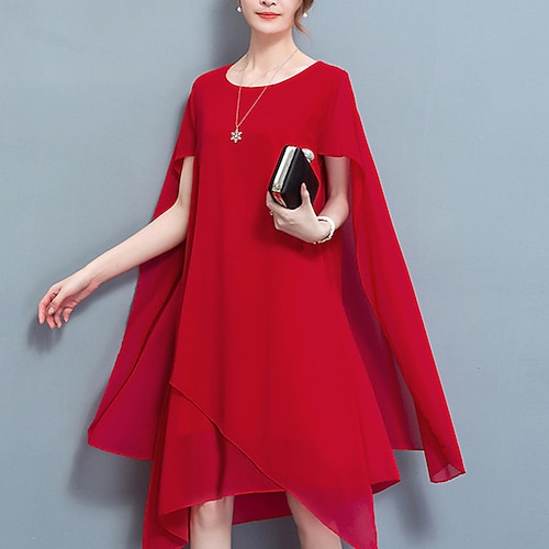 

Damen Casual kleid Chiffon-Kleid Midikleid Schwarz Rote Kurzarm Einfarbig Layer-Look Frühling Sommer Rundhalsausschnitt Stilvoll Lockere Passform 2023 L XL XXL 3XL 4XL 5XL