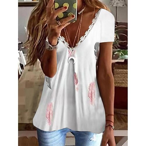 

summer explosion independence station floral feather cotton blended lace v-neck short sleeve top t-shirt unpositioned printing