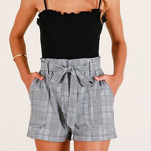 

Women's Shorts Gray Mid Waist Fashion Casual Weekend Side Pockets Short Comfort Plaid Checkered S M L XL