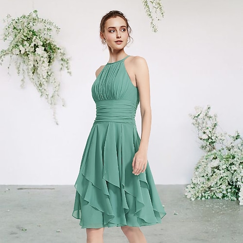 

A-Line Bridesmaid Dress Jewel Neck Sleeveless Elegant Short / Mini Chiffon with Pleats / Cascading Ruffles 2022