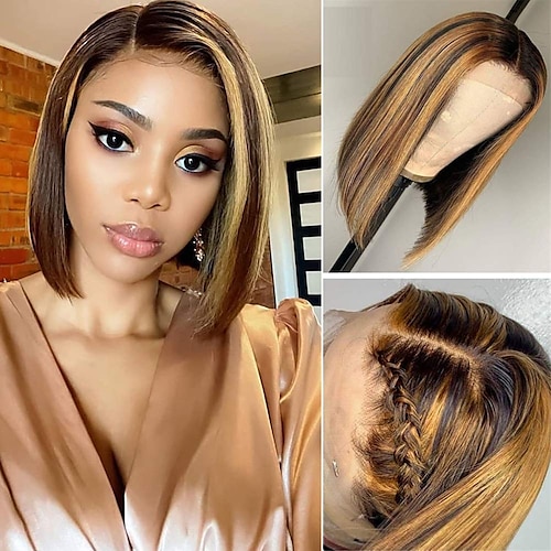 

Highlight 13x4 Lace Front Human Hair Bob Wigs With Baby Hair for Women Pre Plucked Ombre Honey Blonde Brazilian Virgin Hair Wig Bleached Knots 150%/180% Density 8-28 Inch