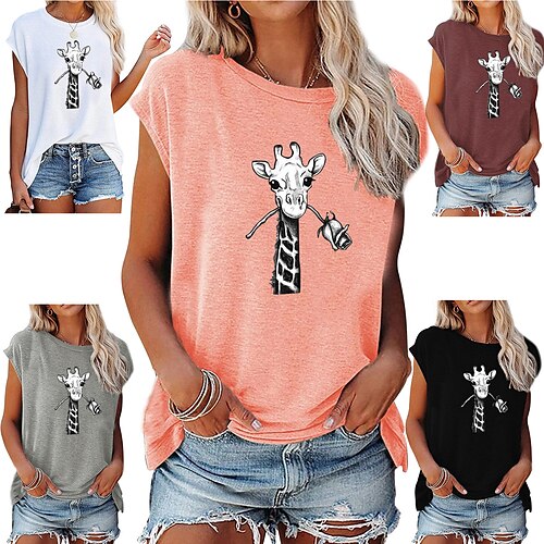 

Women's Floral Theme Painting T shirt Giraffe Rose Print Round Neck Basic Tops White Black Gray