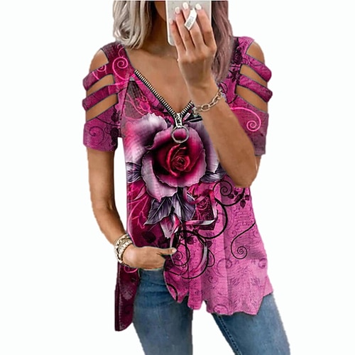 kvinder toppe t-shirt udhulet skulder kortærmet afslappet bluse skjorter med blomsterprint v-hals lynlås skjorte от Lightinthebox WW