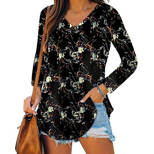 

Mujer Camiseta Negro Blanco Rosa Floral A Rayas Estampado Manga Larga Casual Festivos Básico Escote en Pico Regular Flor Pintura S