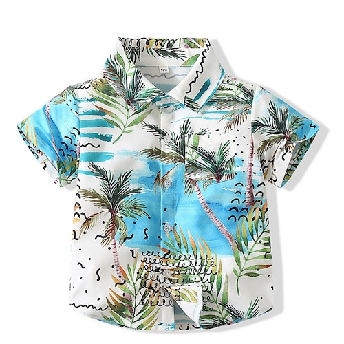 

Kids Boys Shirt Palm Tree Outdoor Short Sleeve Active Cotton 1-5 Years Spring Light Blue