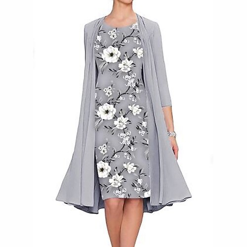 

Women's Dress Set Two Piece Dress Midi Dress Gray 3/4 Length Sleeve Floral Ruched Winter Fall Autumn Crew Neck 2022 S M L XL XXL 3XL