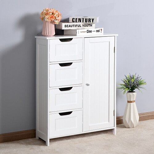 

Bathroom Storage Cabinet White Freestanding Floor Storage Cupboard Adjustable Shelf with 4 Drawers and 1 Door
