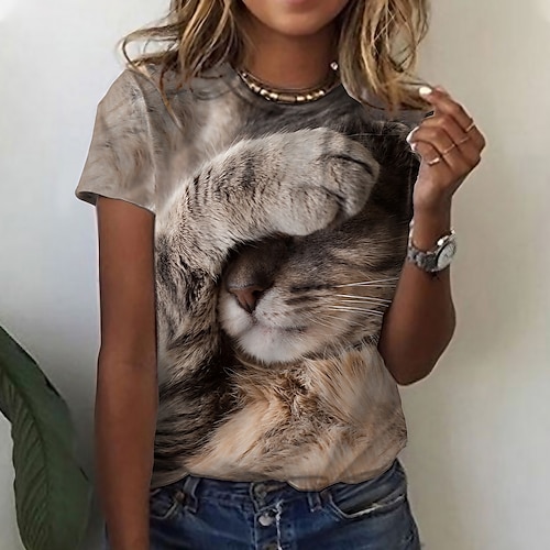 

Damen T Shirt Braun Katze 3D Bedruckt Kurzarm Casual Wochenende Basic Rundhalsausschnitt Standard 3D Cat Farbe S