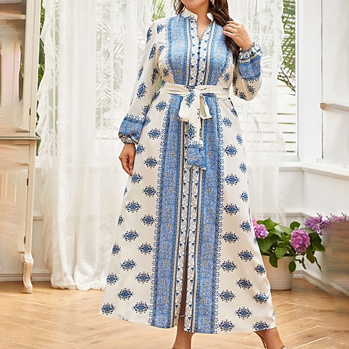 

Women's Plus Size Holiday Dress Floral V Neck Split Long Sleeve Fall Spring Vintage Maxi long Dress Casual Daily Dress Print