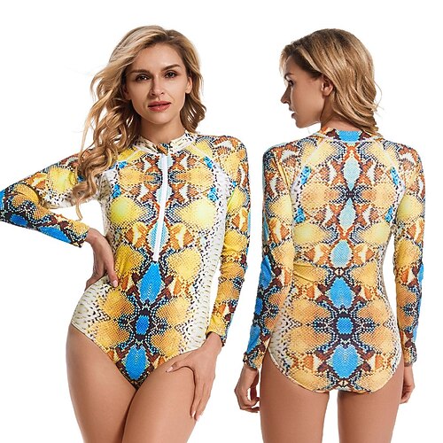 

Women's One Piece Swimsuit Rash Guard Swimwear Bathing Suit UV Sun Protection UPF50 Breathable Stretchy Long Sleeve Front Zip - Swimming Surfing Beach Water Sports Leopard Print Summer / Quick Dry