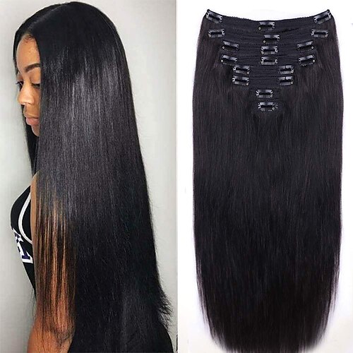 

rett menneskehår clip in hair extensions for svarte kvinner 100 % ubehandlet helhode brasiliansk jomfruhår naturlig svart farge 8/stk med 18 klips120 gram