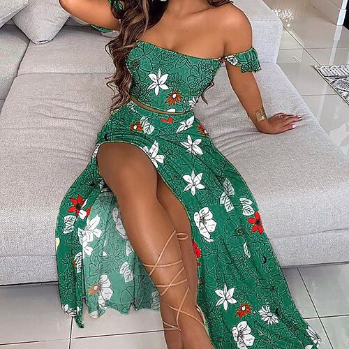 

Women's Crop Top Blouse Skirt Sets Distressed Green Blue Holiday Vacation Floral Split Print Off Shoulder S M L XL XXL