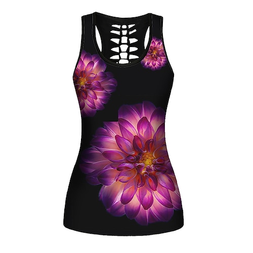 

21Grams Women's Yoga Top Summer Floral / Botanical Black Yoga Gym Workout Running Tank Top Sleeveless Sport Activewear Breathable Quick Dry Comfortable Stretchy