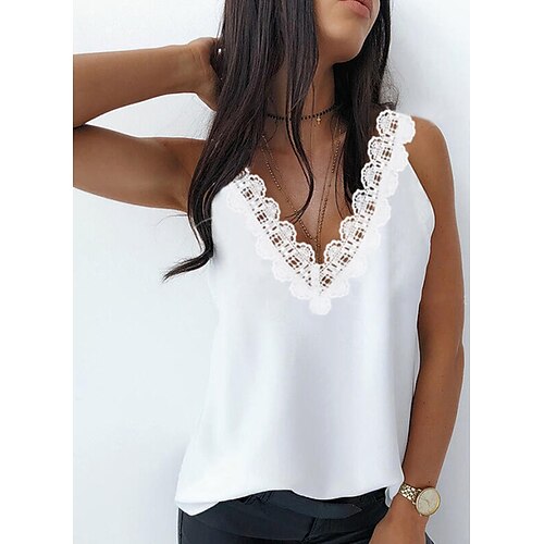 

Women's Tank Top Vest White Plain Lace Trims Sleeveless Daily Weekend Streetwear Casual V Neck Regular S