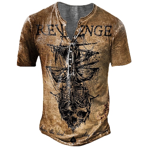 

Men's T shirt Tee Henley Shirt Tee Graphic Skull Henley Khaki Brown 3D Print Plus Size Outdoor Casual Short Sleeve Button-Down Print Clothing Apparel Designer Casual Retro Military / Summer / Summer