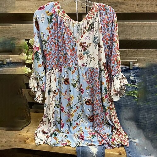 

Women's Plus Size Tops T shirt Tee Floral Print Long Sleeve V Neck Streetwear Daily Going out Polyester Fall Winter Sky Blue