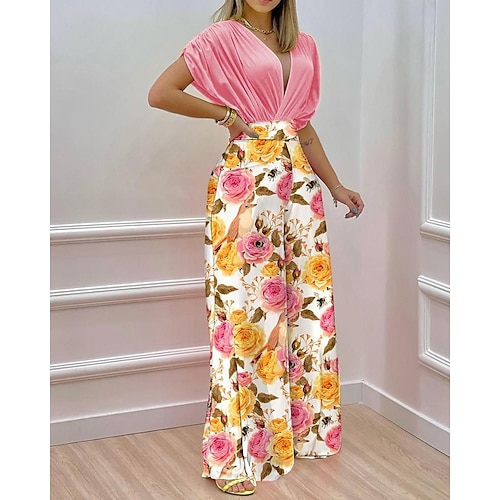 

Women's Blouse Pants Sets Boho Streetwear Green Pink Dailywear Date Floral Print V Neck Bell bottoms S M L XL 2XL