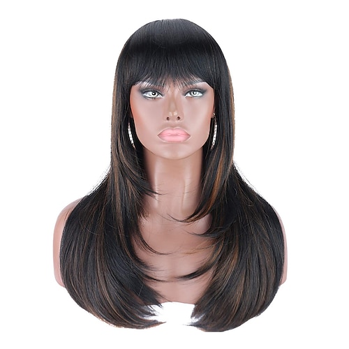 

Heat Resistant Yaki Synthetic Wig With Bangs Long Straight Hair Layered Black Wig Brown Highlights Natural Look Center Split Hair Replacement Wig