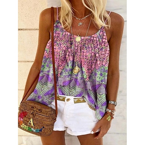 

Women's Camisole Fuchsia Floral Flower Print Sleeveless Casual Daily Tropical Bohemian Style Ethnic U Neck Regular Bohemian Theme Geometric S / 3D Print