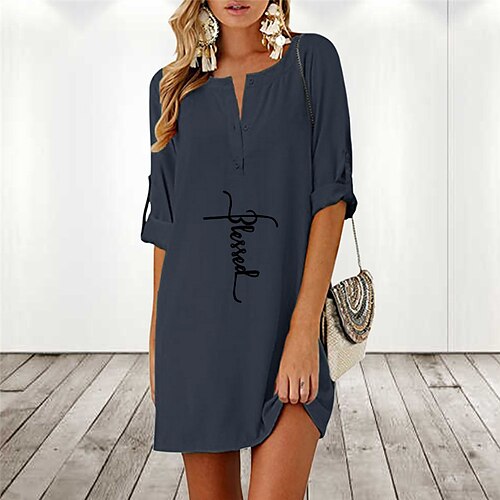 

Robe en coton et lin Robe t-shirt Femme Mini robe Lin Mélange de Coton mode Moderne Extérieur Vacances Rendez-vous Col fendu Imprimer Demi Manches Eté Printemps 2023 Ample Noir bleu marine Gris