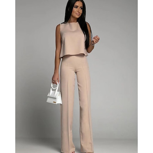 

Women's New Fashion Slim Solid Color Sleeveless Short Top Trousers Black Pink Coffee Suits 2022 S M L XL