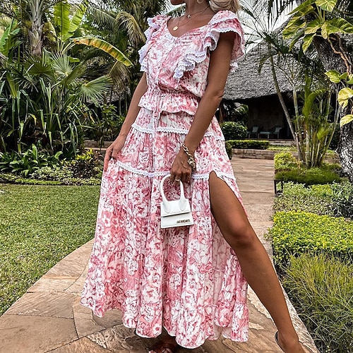 

Women's Swing Dress Maxi long Dress Blue Pink Short Sleeve Floral Split Print Spring Summer Off Shoulder Elegant Vacation 2022 S M L XL XXL