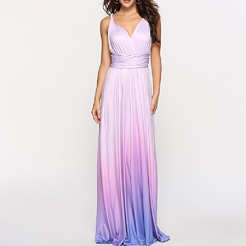 

A-Line Ombre Engagement Prom Dress V Neck Backless Crisscross Back Sleeveless Floor Length Jersey with Criss Cross Ruched 2022