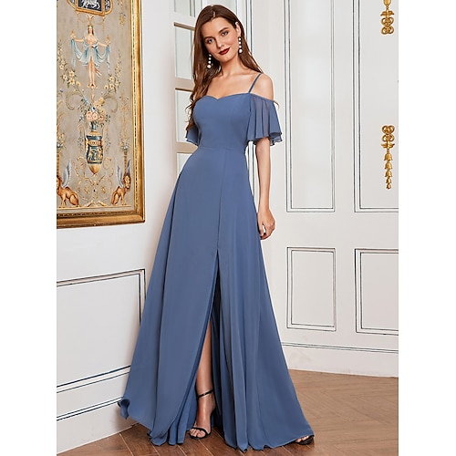 

A-Line Bridesmaid Dress Off Shoulder Sleeveless Elegant Floor Length Chiffon with Ruffles / Draping / Solid Color 2022 / Petal Sleeve