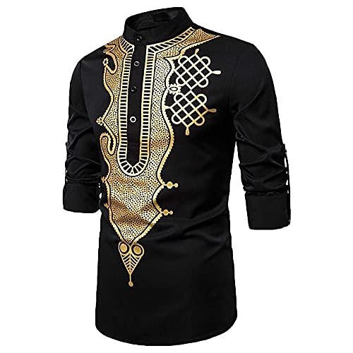 

Men's African Dashiki Shirt Long Sleeve Luxury Metallic Gold Totem Printed Traditional Vintage Shirts Tuxedo Shirts