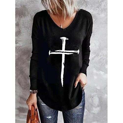 

Women's T shirt Tee Green Blue Black Letter Long Sleeve Casual Daily Basic V Neck Regular Loose Fit S